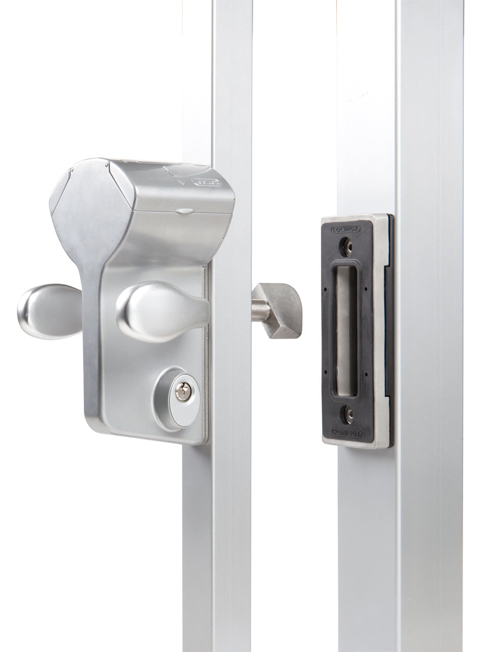 Mechanical code lock for sliding gates, designed for square profiles 2 to 2.5 inches, available in multiple finishes.