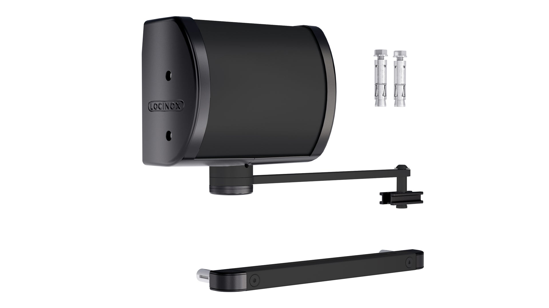 Locinox Panther compact gate closer in black finish for gates up to 330 lbs, includes mounting hardware.