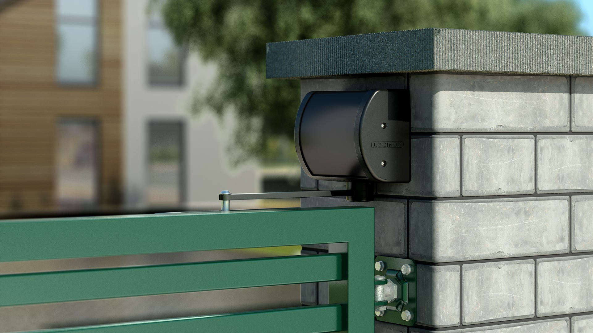 Locinox Panther compact gate closer in black finish, designed for gates up to 330 lbs, mounted on a stone pillar.
