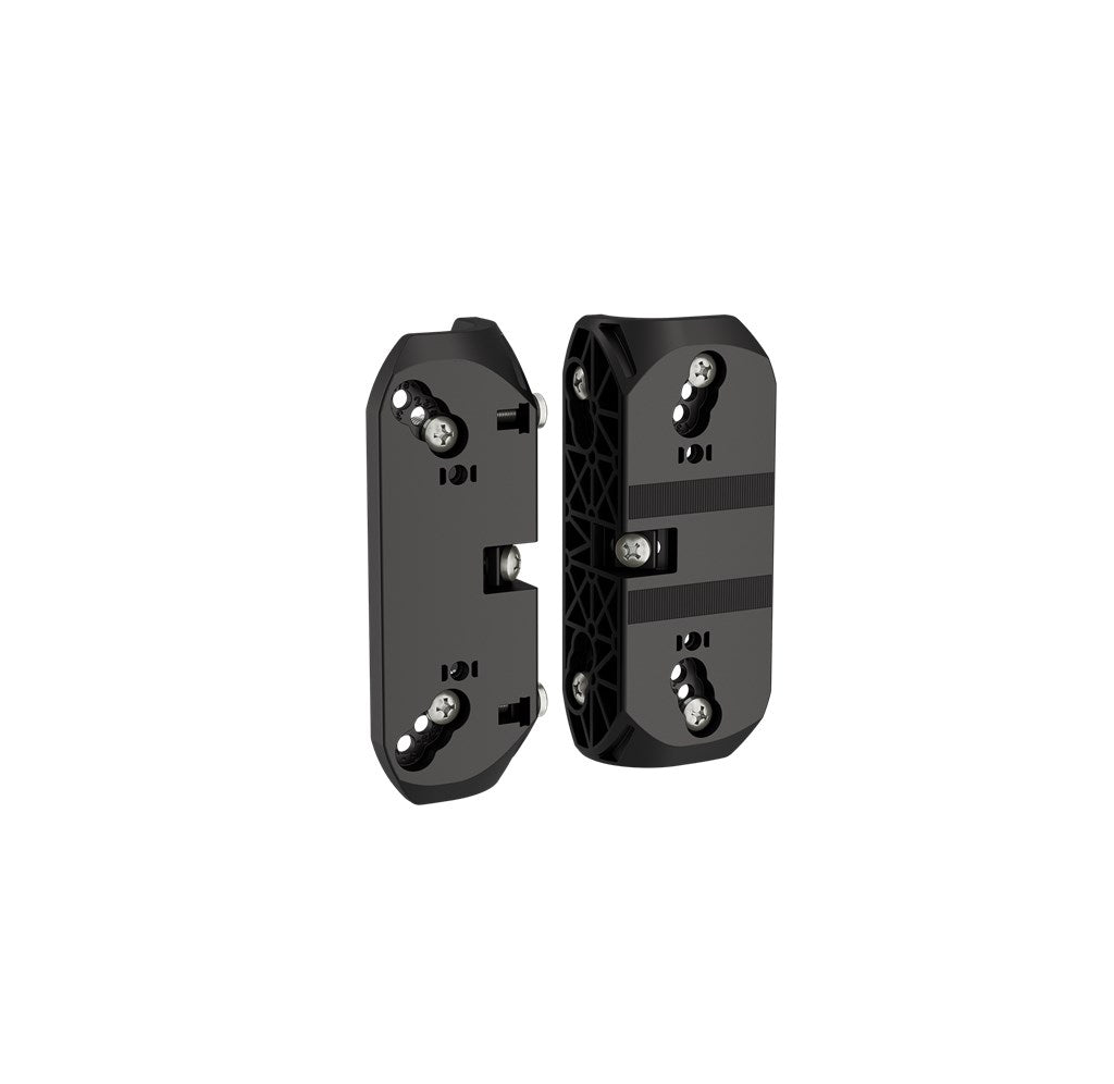 Black adjustable gate spring hinges for square or round frames, 180° movement, sold in a 2 pack. Ideal for gates.