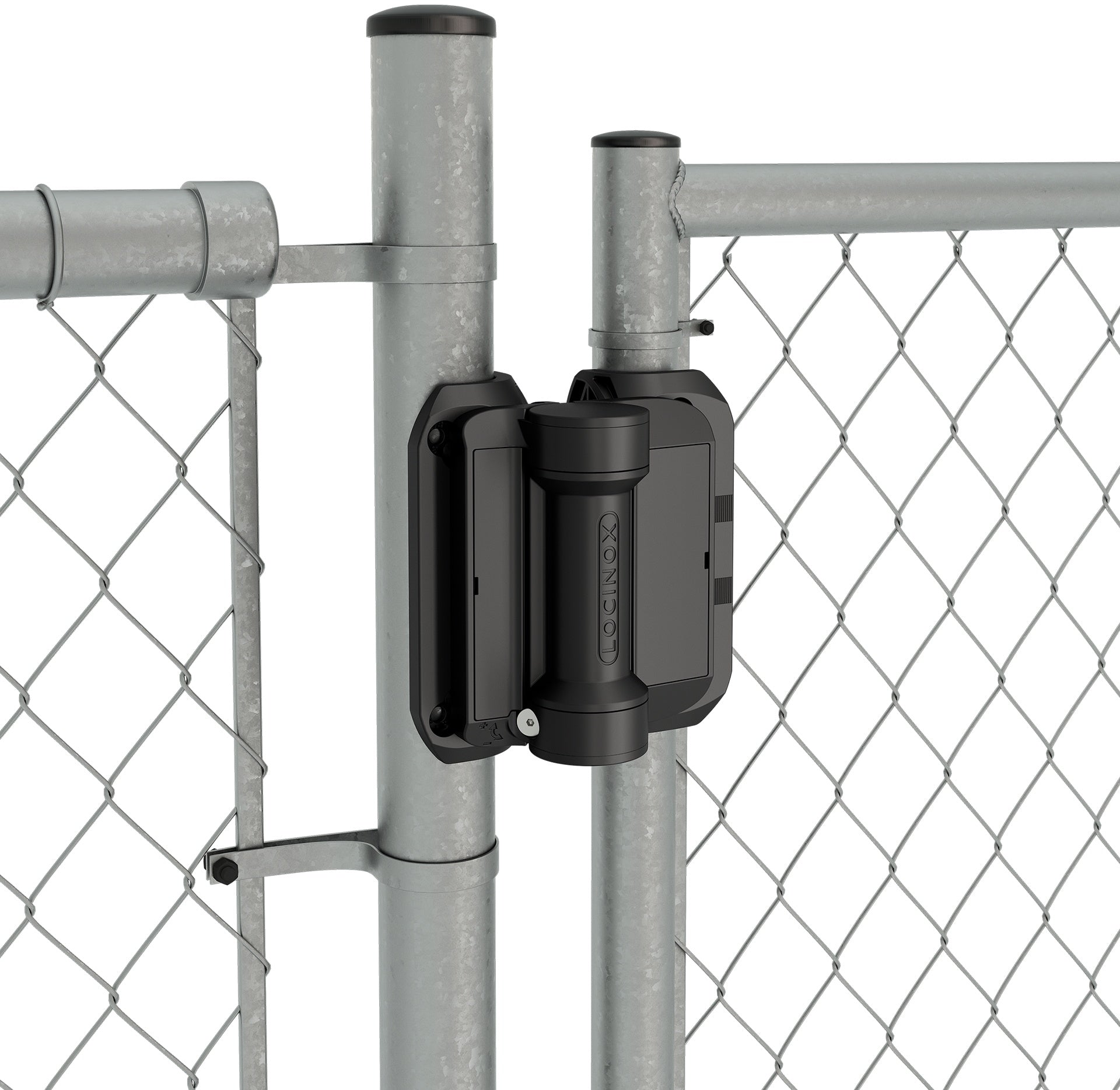 Black adjustable gate spring hinges for square or round frames, designed for easy installation on chain link fences.