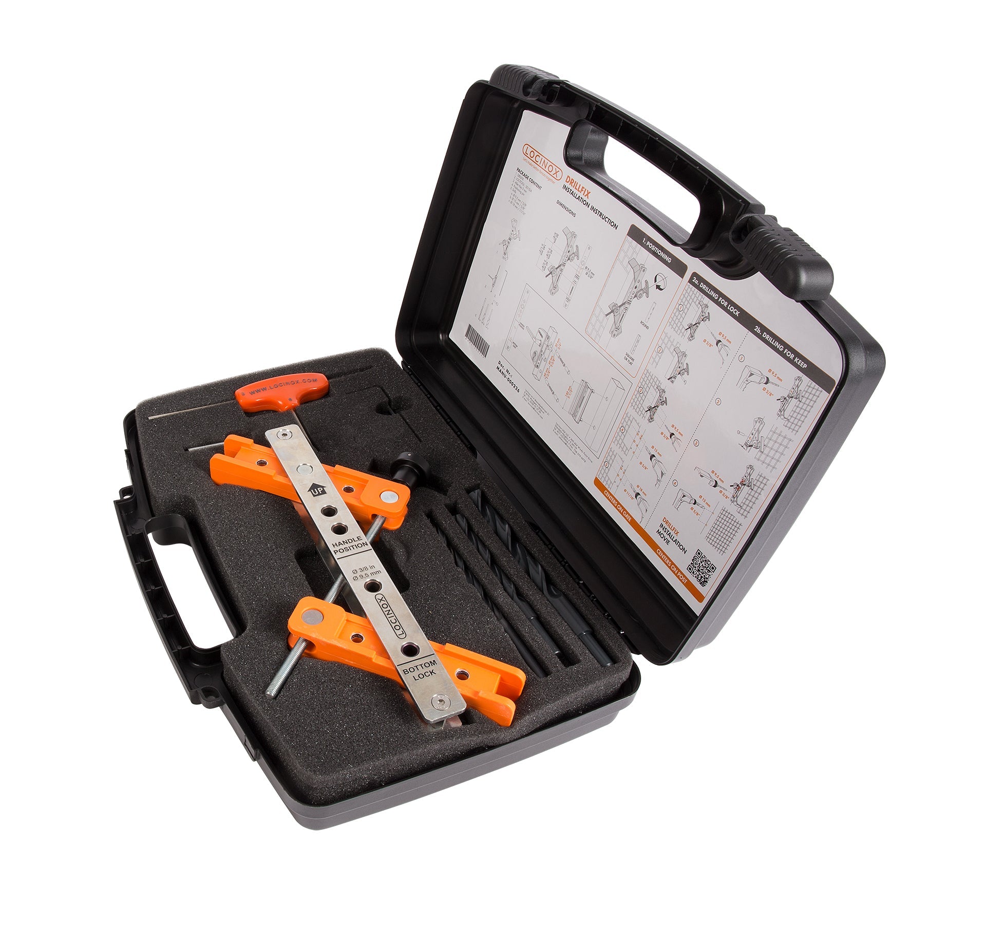 Locinox tool case with drilling jig for surface mounted locks, includes tools and instructions for installation.