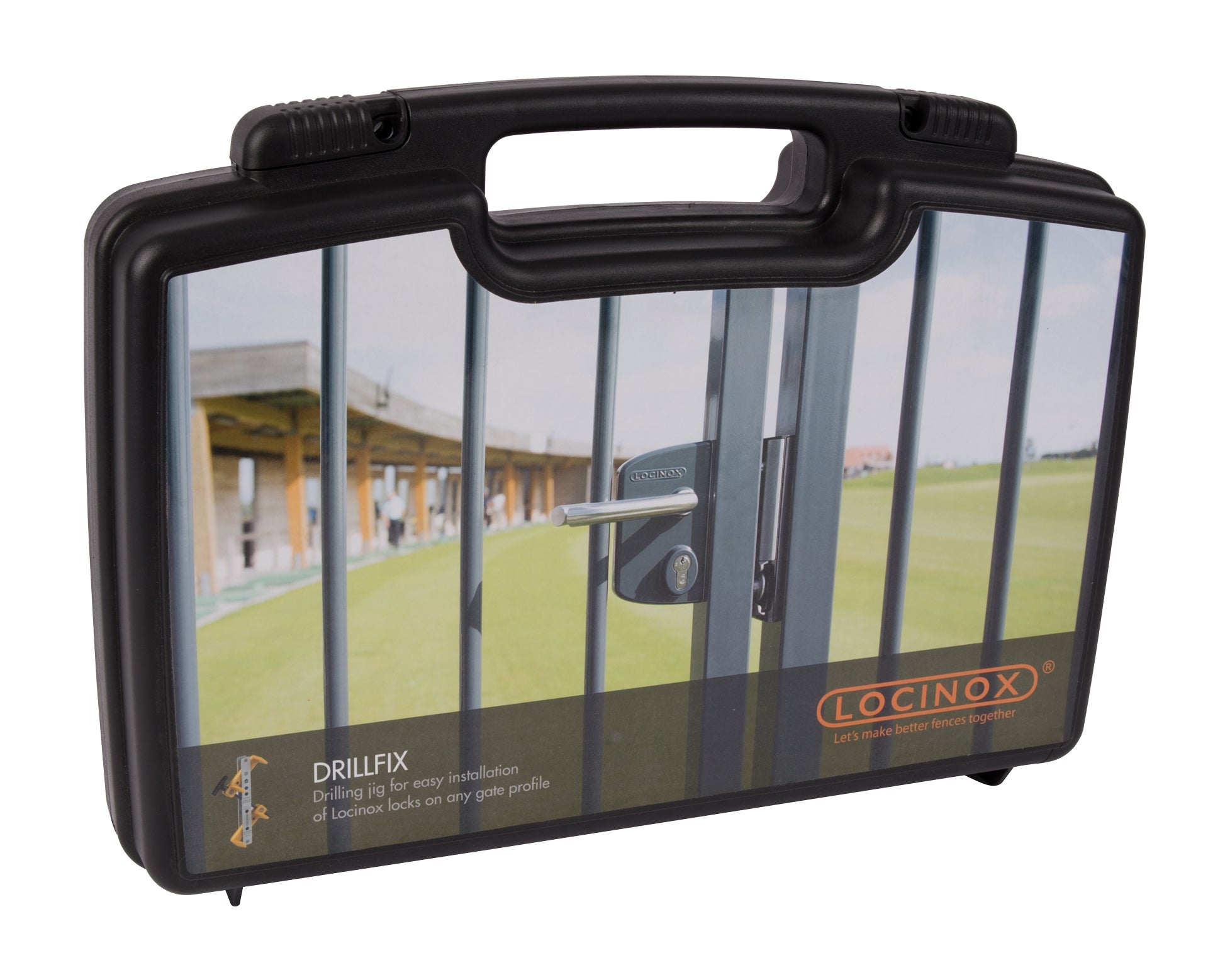 Locinox tool case with drilling jig for easy installation of surface mounted locks and keeps, designed for gate profiles.