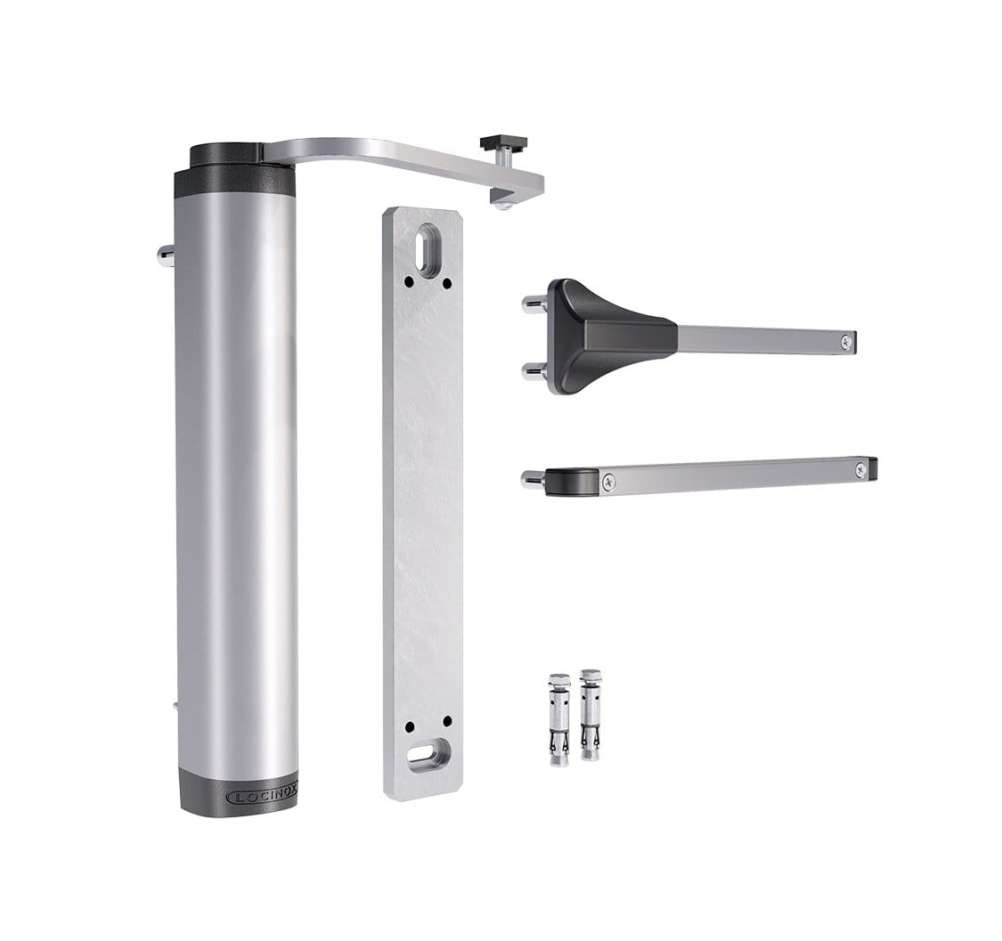 Hydraulic gate closer for wall-mounted gates up to 330 lbs, featuring a silver finish and installation hardware included.