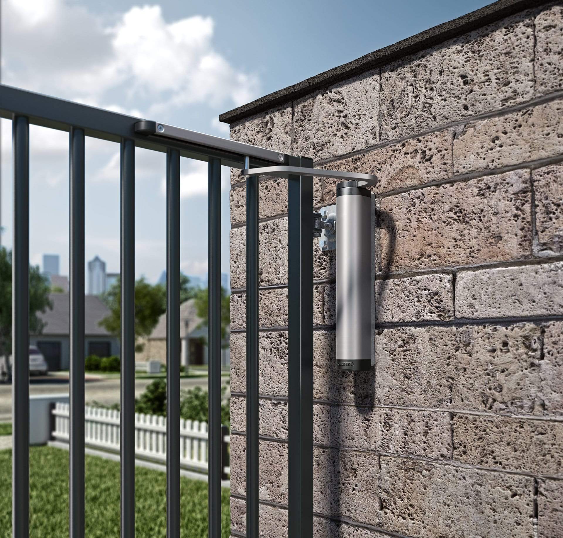 Hydraulic gate closer mounted on a wall, designed for gates up to 330 lbs, featuring a sleek silver finish.