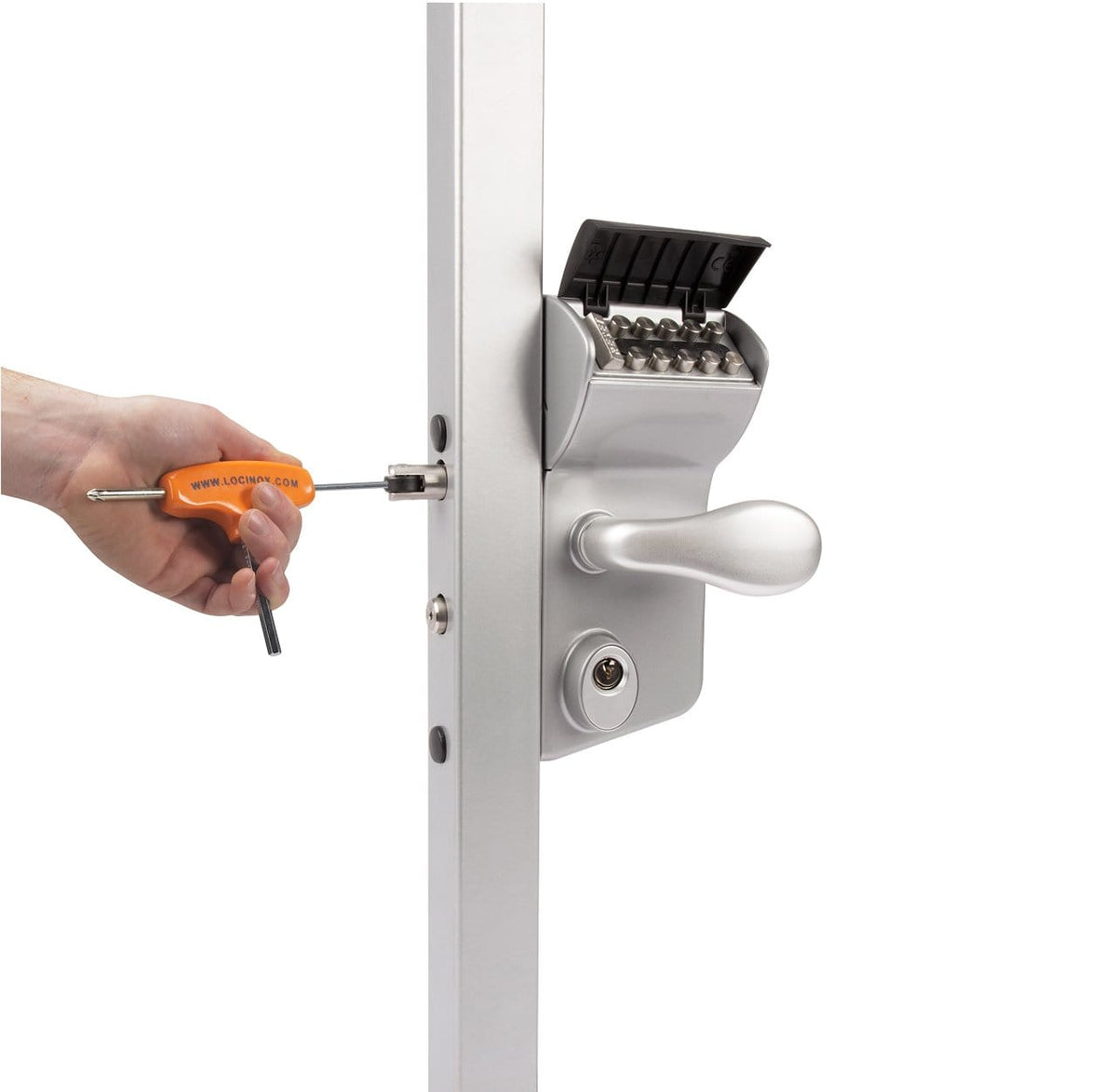 Surface mounted mechanical code lock for gates, compatible with square or flat profiles, available in multiple finishes.