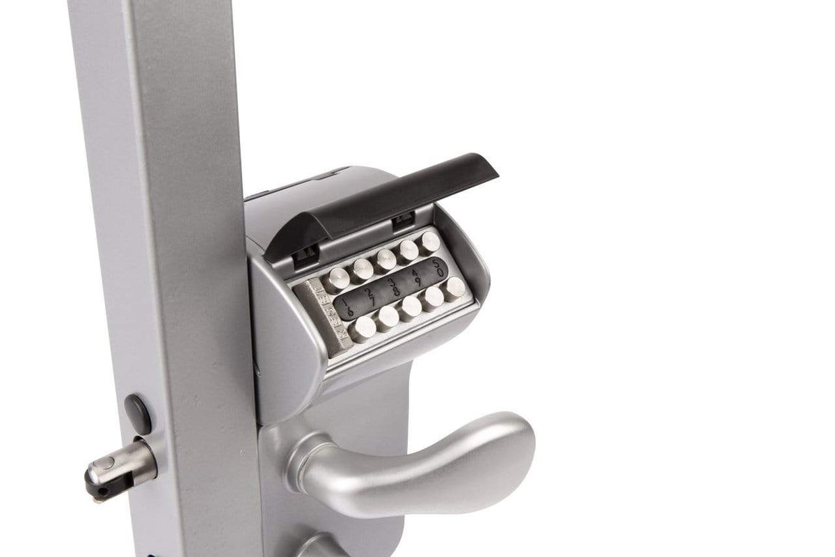 Surface mounted mechanical code lock for gates, compatible with square or flat profiles, available in multiple finishes.