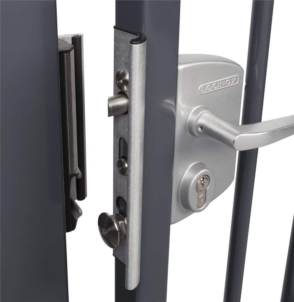 Locinox anti-theft protection plate for gate frames, compatible with security SH and Modulec-SH, available in multiple finishes.