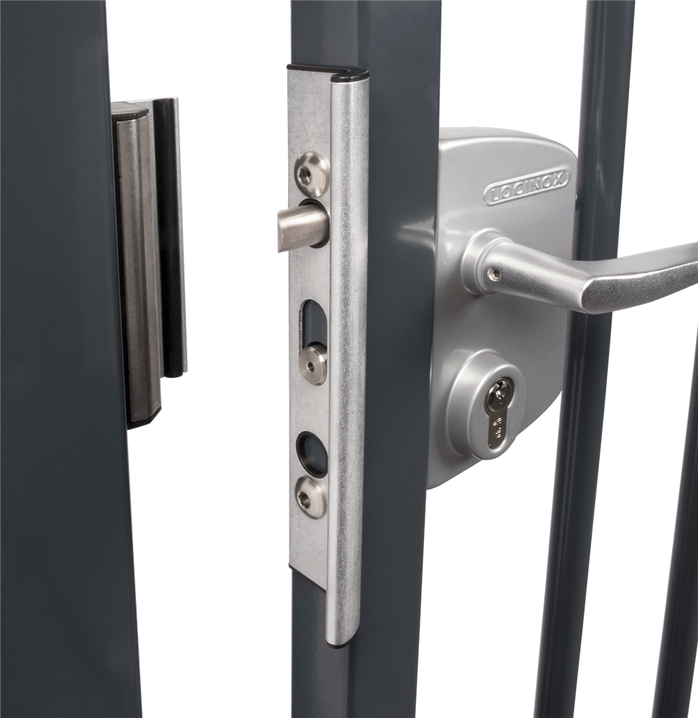 Locinox anti-theft protection plate for gate frames, compatible with standard SA and Modulec-SA locks, various finishes.
