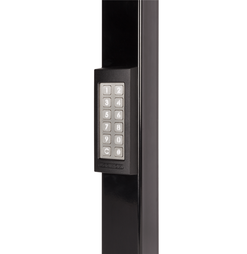 Weather-resistant keypad for gates with integrated relay, featuring a numeric keypad and multiple finishes available.