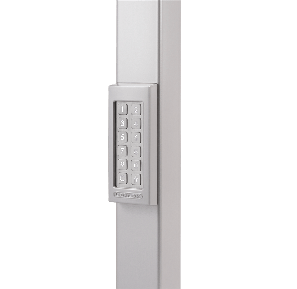 Weather-resistant Locinox Slimstone keypad for gates, featuring an integrated relay and available in multiple finishes.