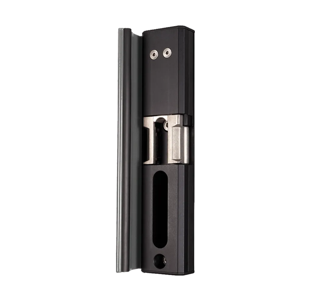 Surface mounted electric strike module for gates, available in fail close and fail open options, multiple finishes.