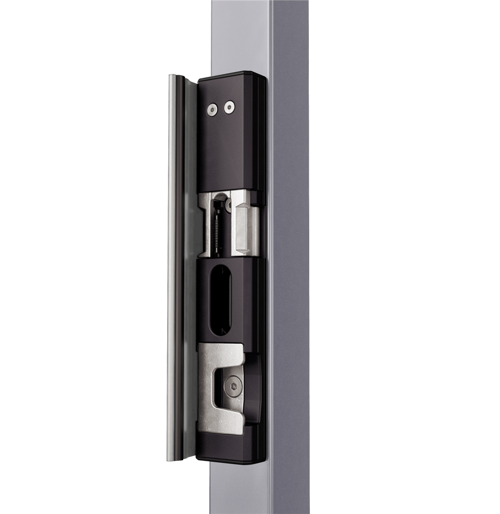 Surface mounted electric strike for gates, featuring a security mushroom module, available in multiple finishes.