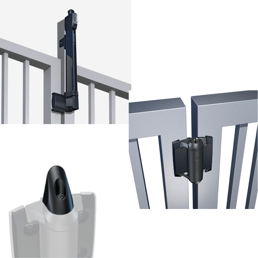 Magnalatch Safety Gate Latch with Truclose adjustable spring and hinge safety cap for secure gate operation.