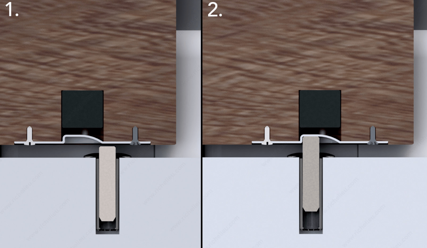 Magnetic barn door stop with flush mount design, showing installation steps for secure door positioning.