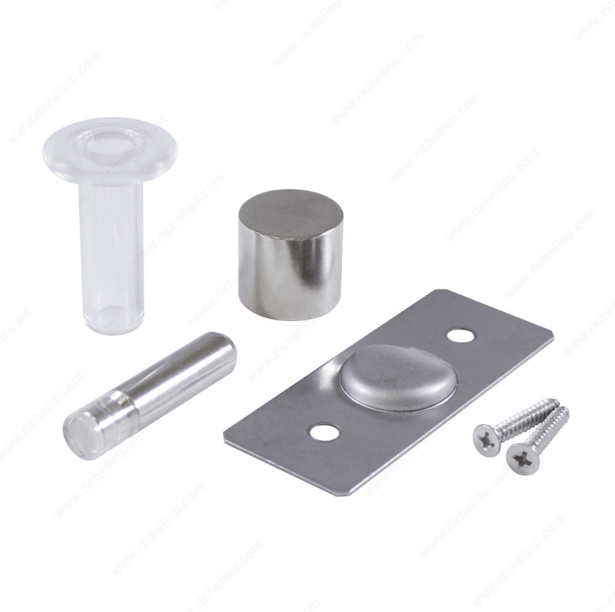 Flush mount magnetic barn door stop kit includes metal and plastic components for secure door holding. Sold individually.