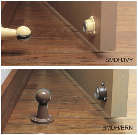 Magnetic door stop and holder shown in floor and wall mount options, available in multiple finishes for easy installation.