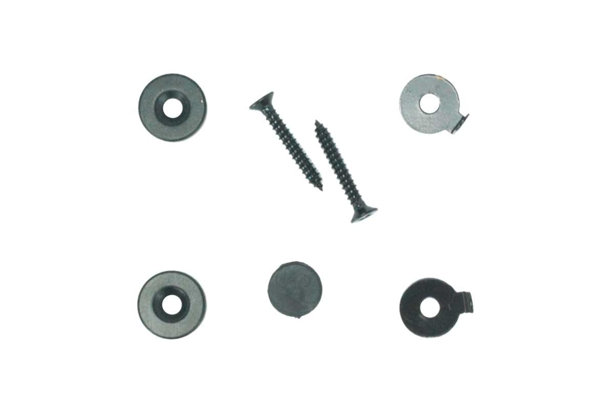 Magnetic holder stops for shutter dogs, sold in pairs, with screws and circular components for secure installation.