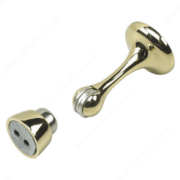 Magnetic door stop with a sleek design, 3 inches long, available in multiple finishes, sold individually.