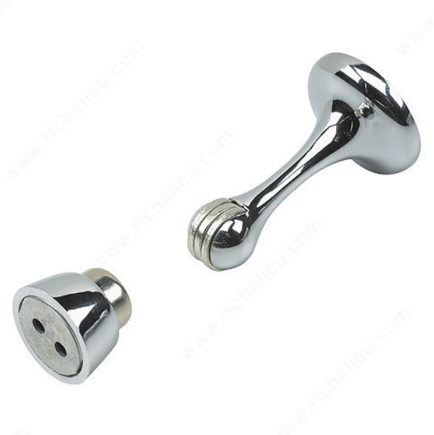 Magnetic door stop with a sleek design, 3 inches long, available in multiple finishes, sold individually.