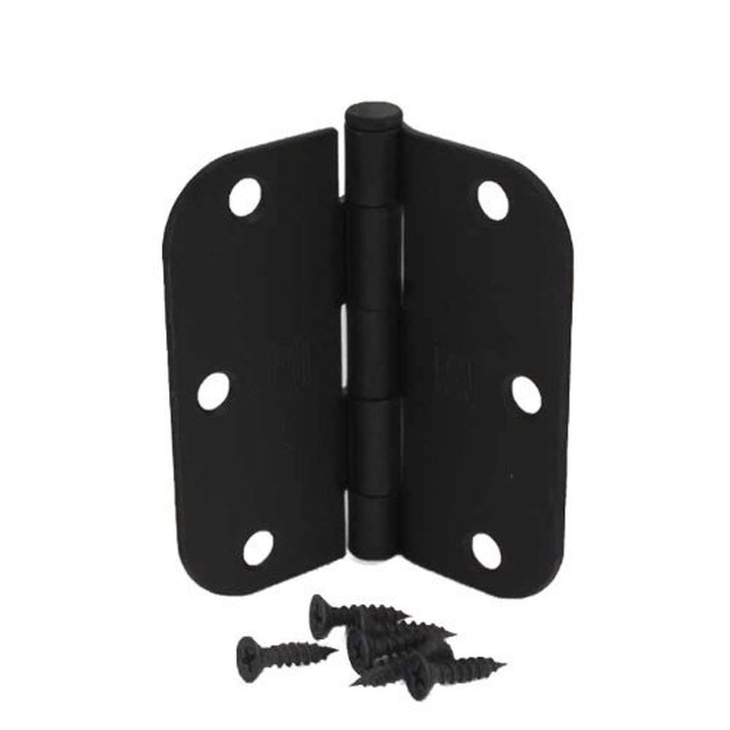 Matte black residential butt hinge, 3.5" x 3.5" with 5/8" radius, includes screws for easy installation.
