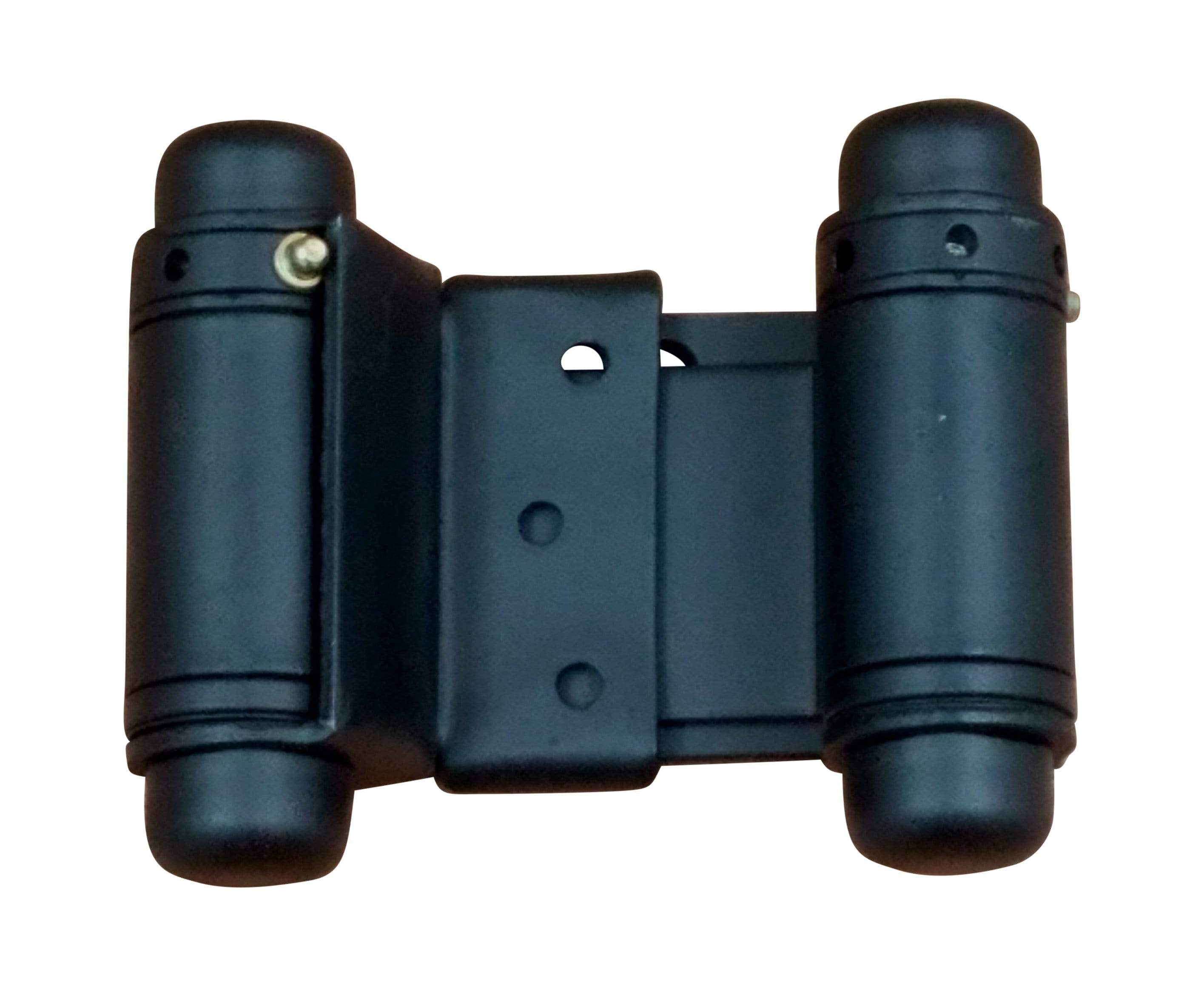 Adjustable double acting spring hinges in matte black, suitable for doors 2 to 7 inches wide. Ideal for versatile applications.