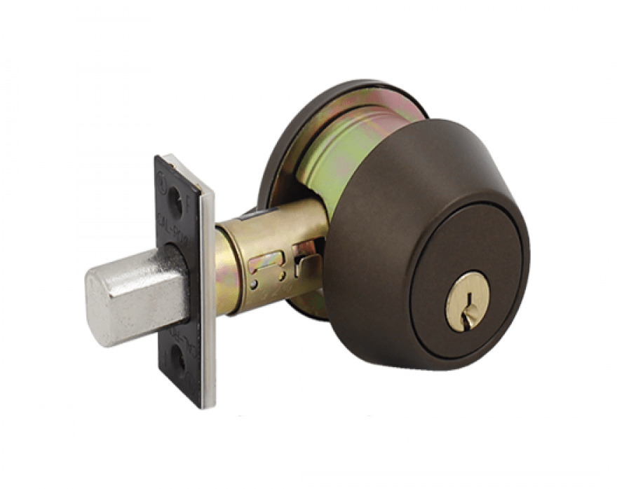 Heavy duty single cylinder deadbolt with multiple finishes, designed for maximum security and durability.
