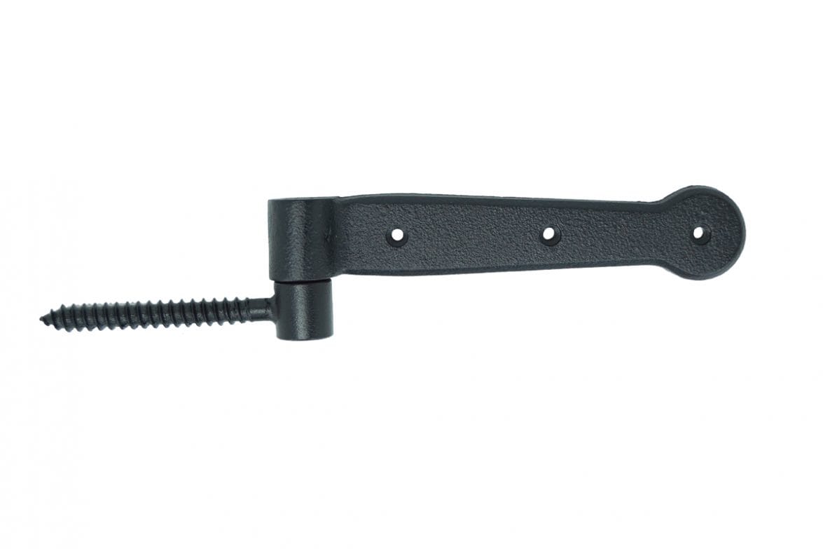 Mini strap hinge for shutters, 6-1/4 inches, cast iron with WeatherWright finish, sold in pairs for durability.