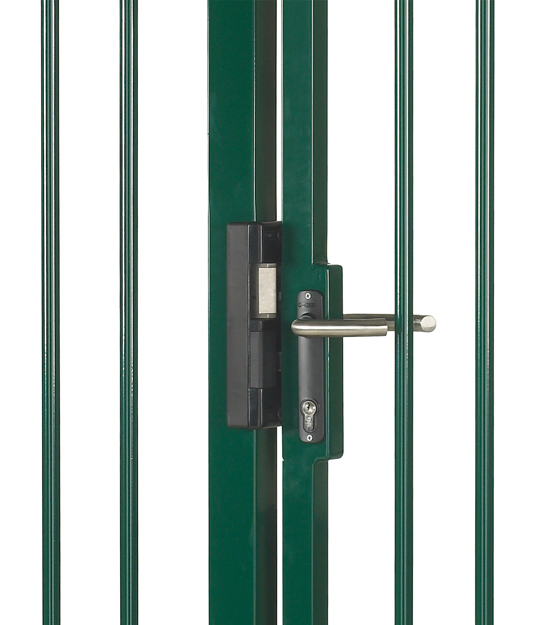 Mortise lock installed on ornamental gates, designed to fit welding lock boxes, sold individually.