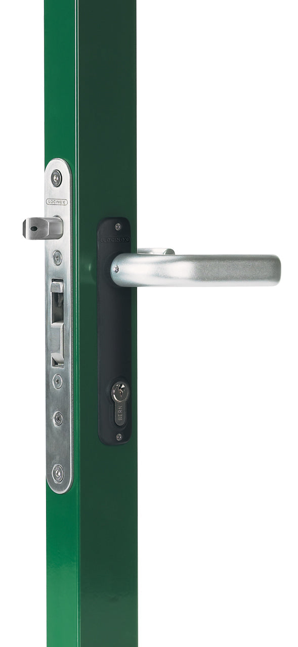 Mortise lock for ornamental gates featuring a sleek design, keyhole, and handle for secure access. Sold individually.