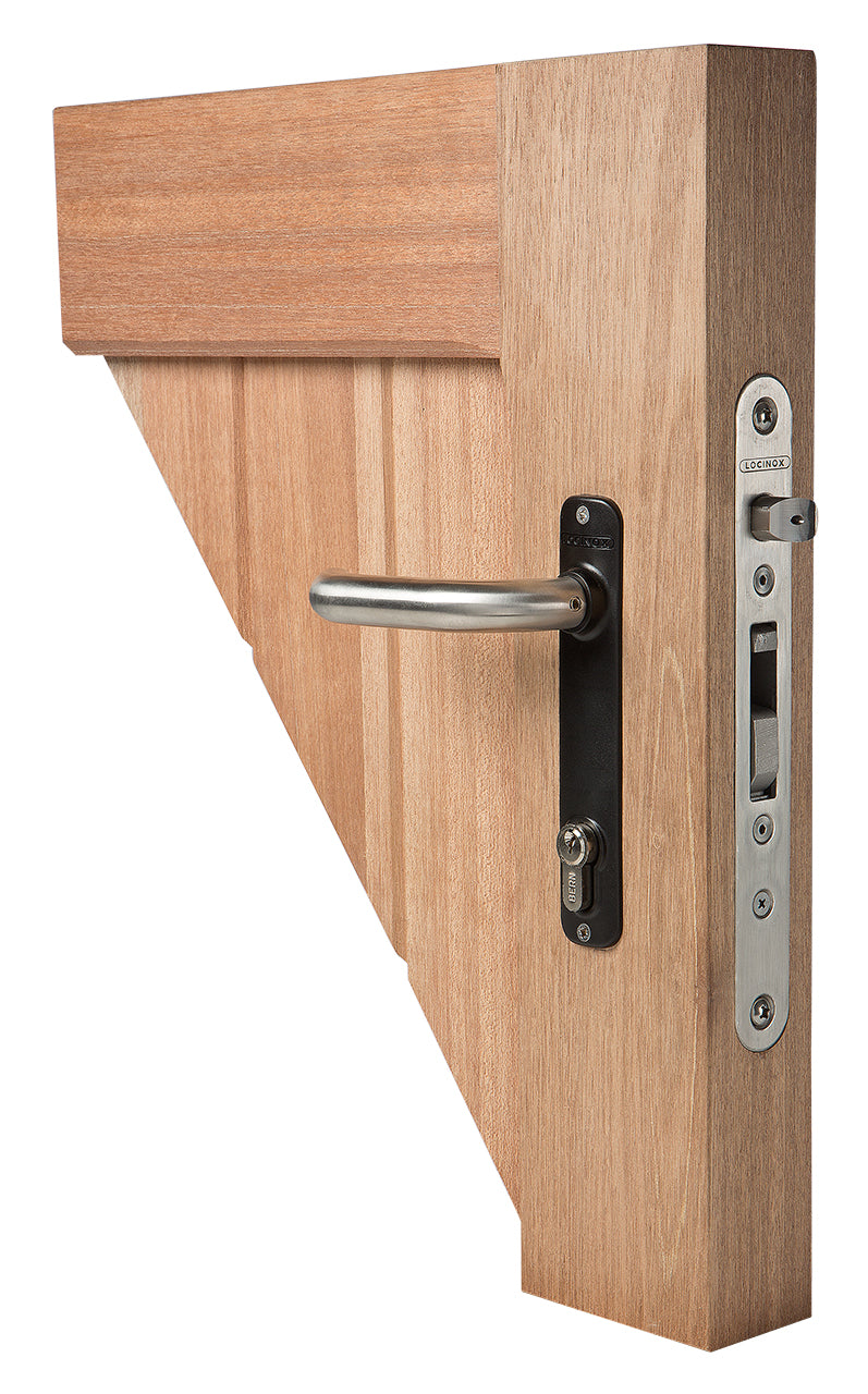 Mortise lock for wooden gates featuring a sleek handle and durable metal components, sold individually for secure access.
