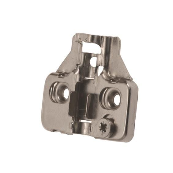 Nickel finish mounting plate for concealed clip-on cabinet hinges, available in various thicknesses and attachment methods.