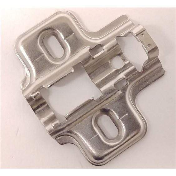 Nickel finish mounting plate for concealed soft-close 110° cabinet hinges, available in various thicknesses and attachment methods.