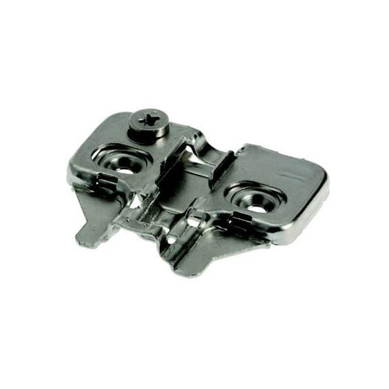 Nickel finish mounting plate for concealed soft-close 110° cabinet hinges, available in various thicknesses and methods.