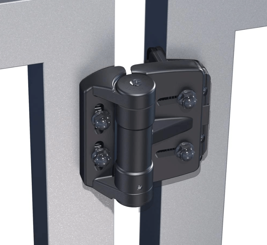 Multi-adjustable black gate spring hinge for gaps 1/4" to 7/8", suitable for metal, vinyl, or wood gates.