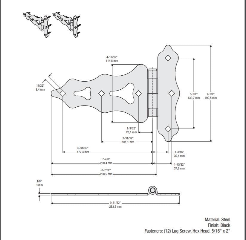 Black decorative T hinges, 8 to 10 inches, 2 pack, designed for stylish door and gate applications.