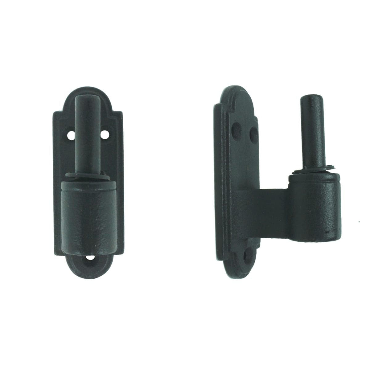 New York shutter hinge pintle in cast iron with black powder coat finish, available in multiple offsets, sold individually.