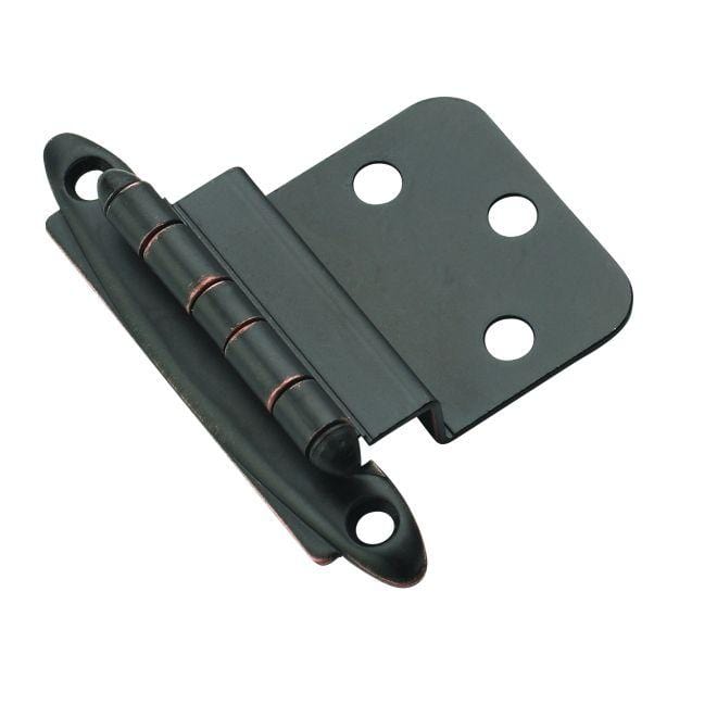 Face mount cabinet hinges in 3/8 inch inset, 2 3/4 by 2 inch size, available in multiple finishes, sold in a 2 pack.