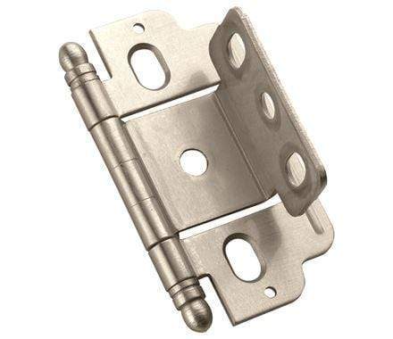 Partial wrap cabinet hinge for 3/4 inch door thickness, 2.5 x 1 inch size, available in multiple finishes, sold individually.