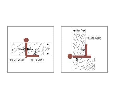Partial wrap cabinet hinges designed for 3/4 inch door thickness, measuring 2 1/2 x 1 inches, available in multiple finishes.