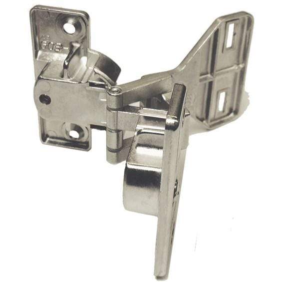 Heavy duty office hinge made of zinc alloy with satin nickel finish, available in various types and openings.