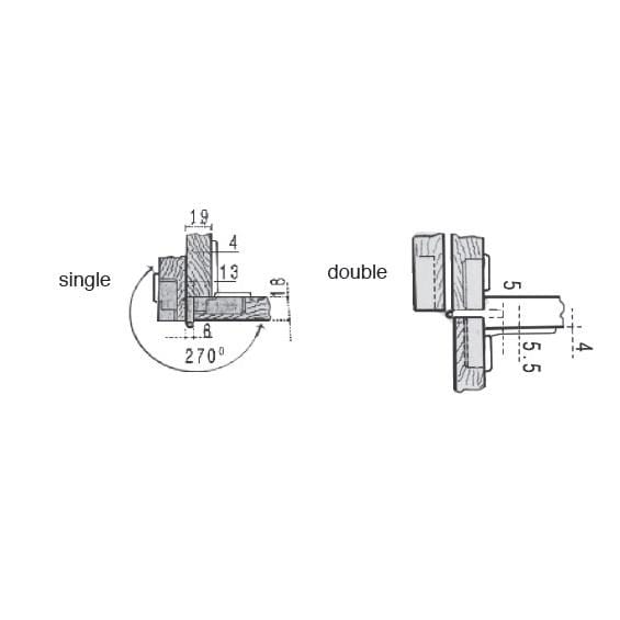Heavy duty office hinge in satin nickel finish, available in multiple types and degrees, made of zinc alloy.
