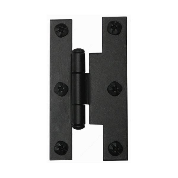 Offset rustic hinges in forged iron with a matte black finish, sold in a 2 pack for durable door applications.