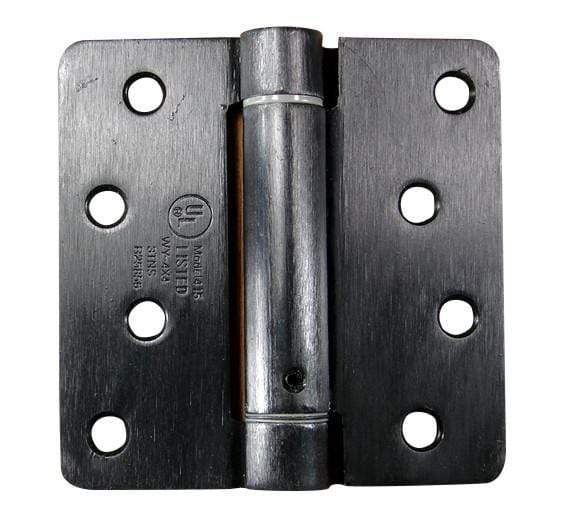 4x4 inch spring hinges with 1/4 inch radius corners, available in multiple finishes, sold in a 2 pack.