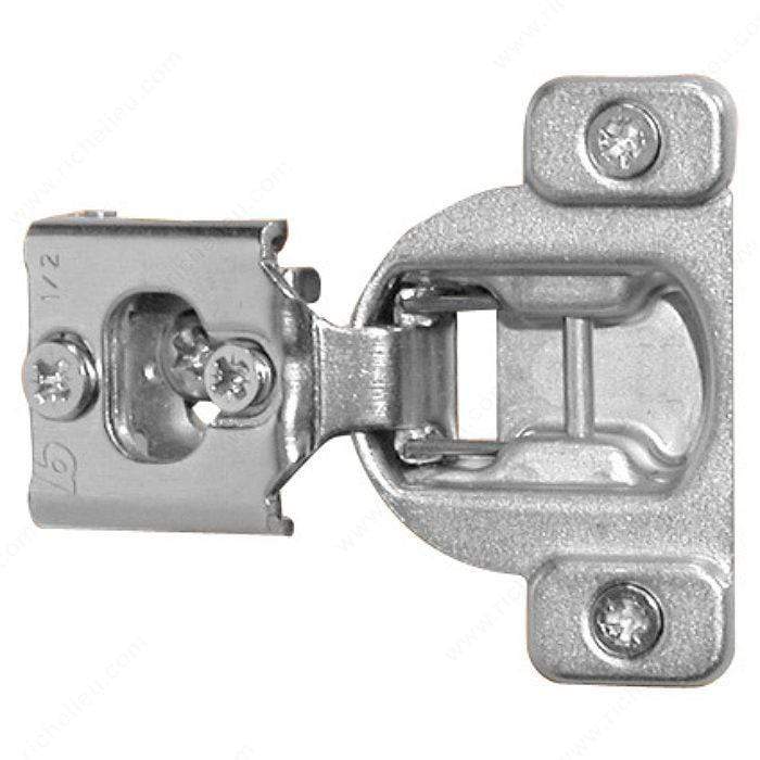 One-piece compact cabinet hinge with 3/8 inch overlay and 105 degree opening, sold individually for easy installation.