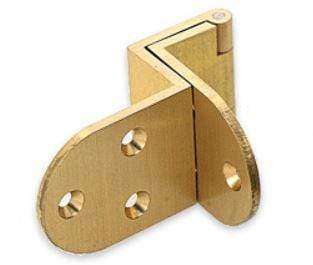 Brass overlay door angle hinge for cabinets, available in multiple finishes, sold individually. Ideal for durable installations.