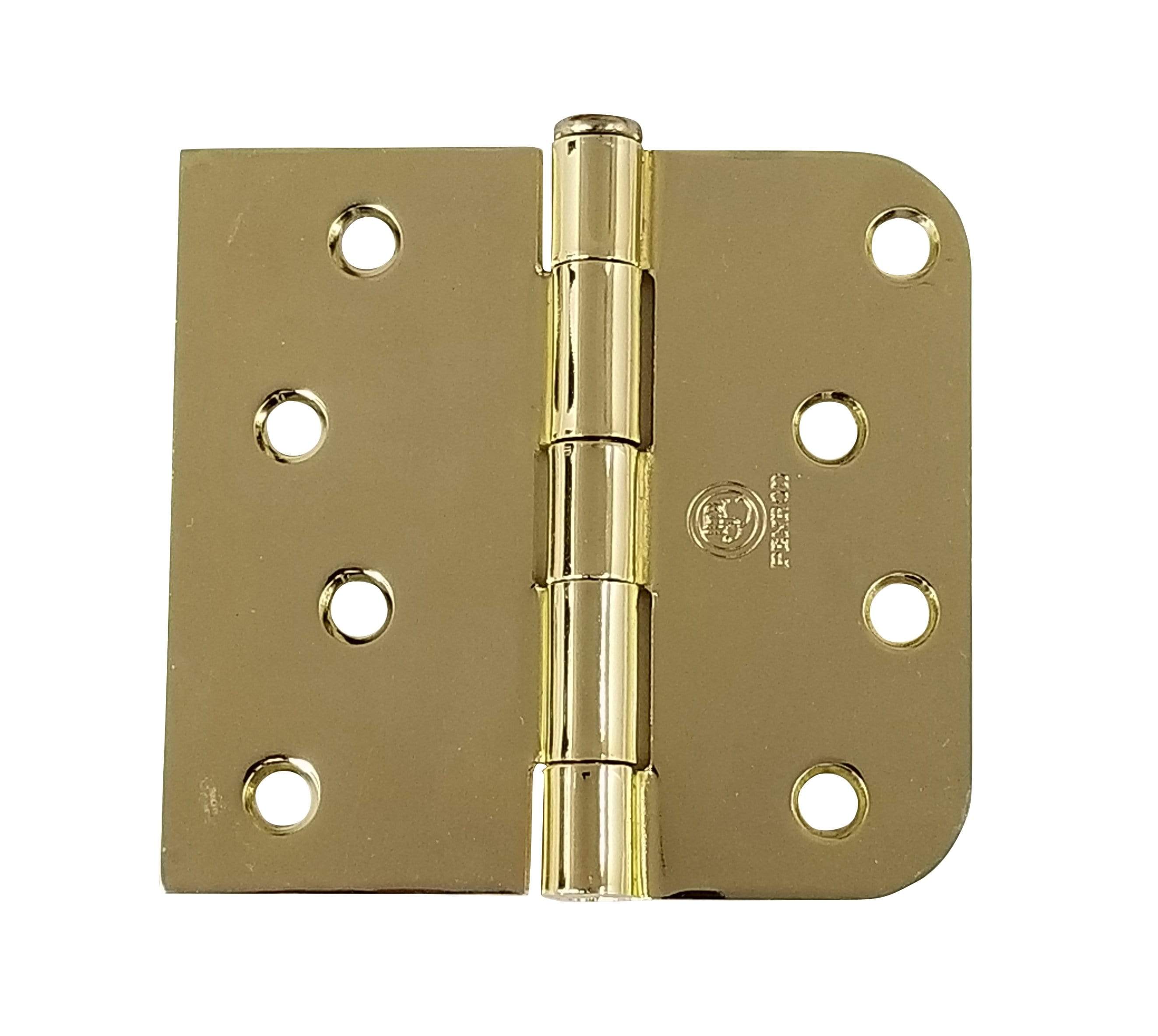 Polished brass door hinges, 4" x 4.25", 5/8" square, plain bearing, sold in a 2 pack for residential use.