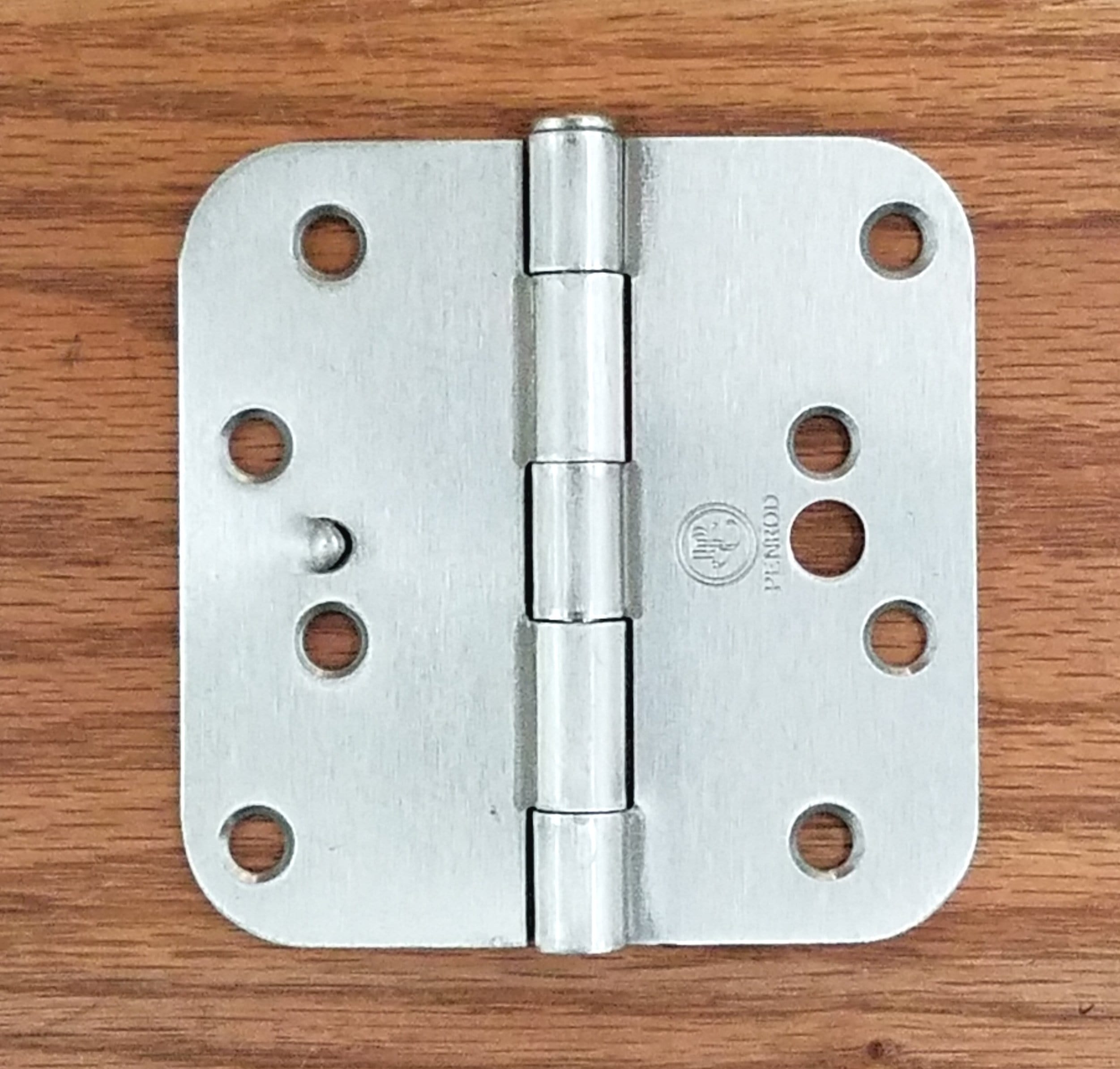 Satin nickel 4-inch hinge with security tab and 5/8-inch radius corners, sold in a pack of three.