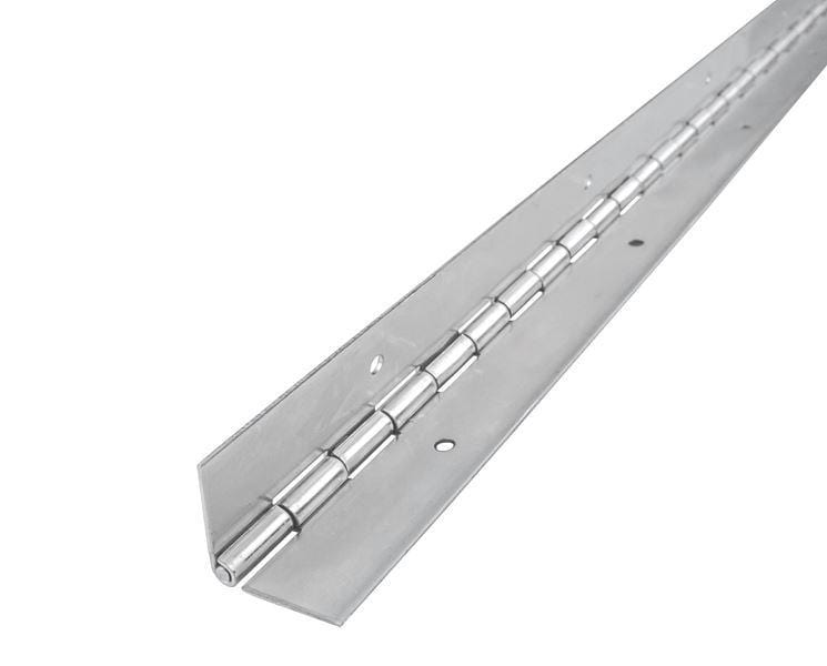 Stainless steel continuous piano hinge measuring 1-1/2 inches by 36 inches for durable door and cabinet applications.
