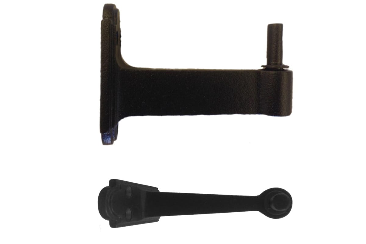 4-inch offset pintle for shutter hinges in black powder-coated cast iron, sold individually for durable use.